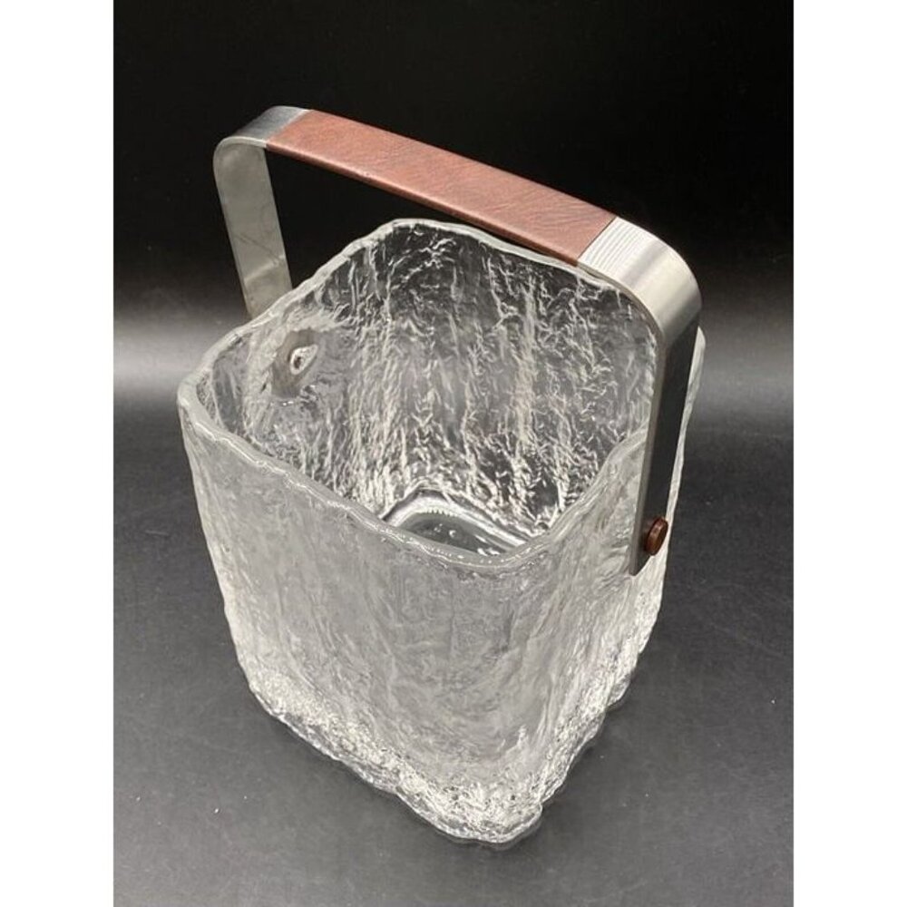 Hoya Mid Century Modern Glacier Glass 5” Ice Bucket Stainless Steel Handle